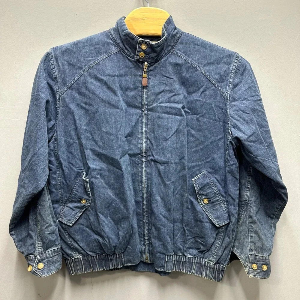 Orvis Mens Large Denim Harrington Jacket Blue Cotton Full Zip Bomber Mock Neck - Picture 3 of 11